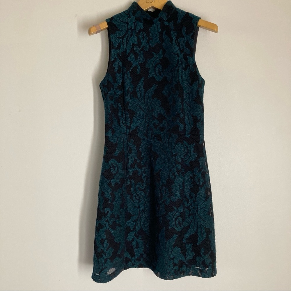 H&M Teal and Black Sleeveless Floral Jacquard Mini Dress